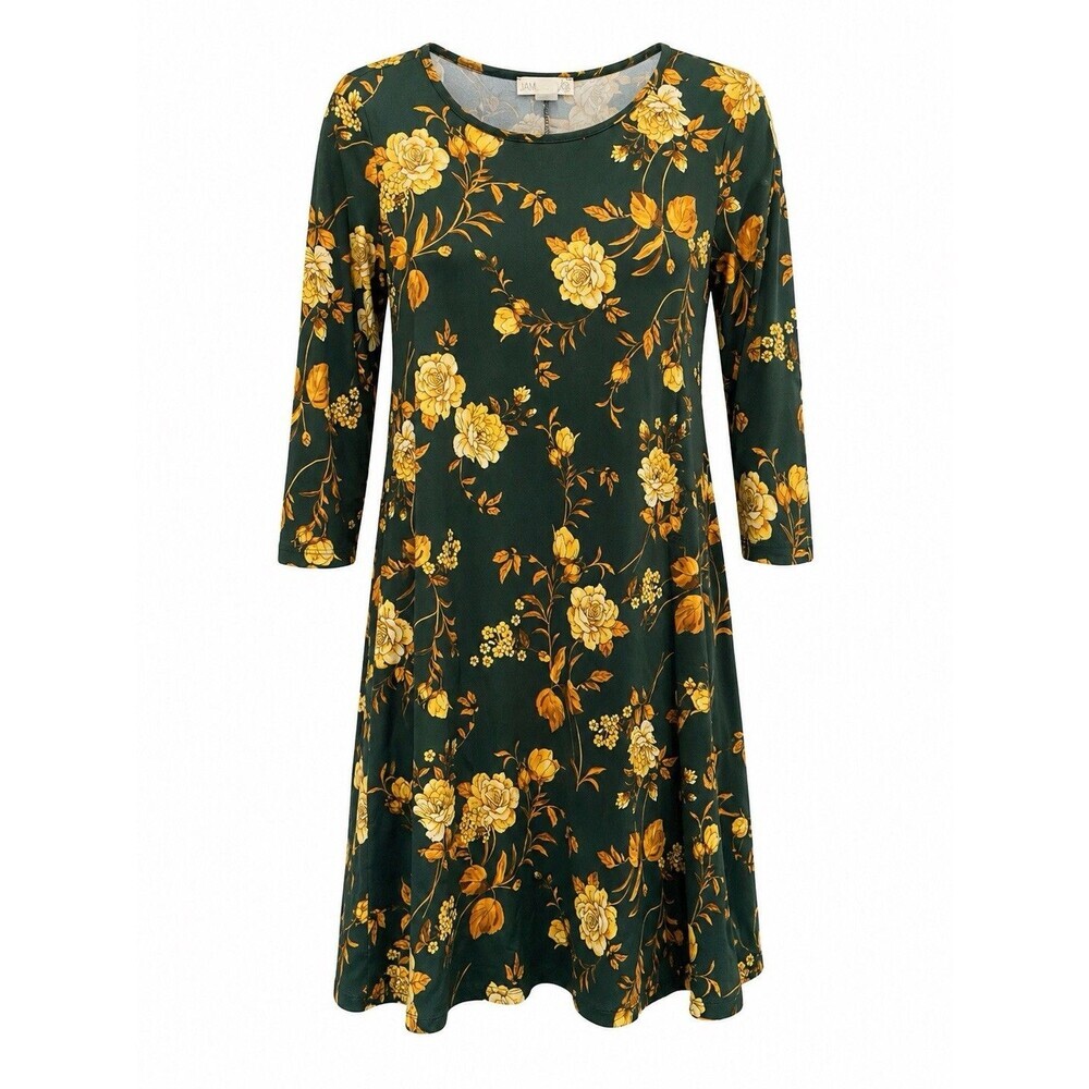 Jamie & Layla Floral Swing Dress Medium Green Yellow 3/4 Sleeve Stretch Boho